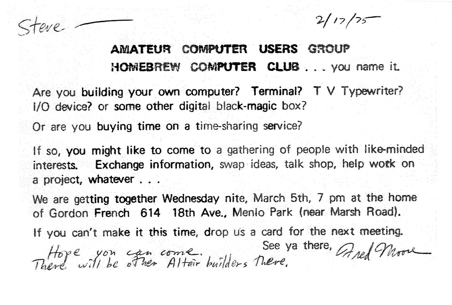 The typed invitation to the first Homebrew Computer Club meeting, dated February 1975