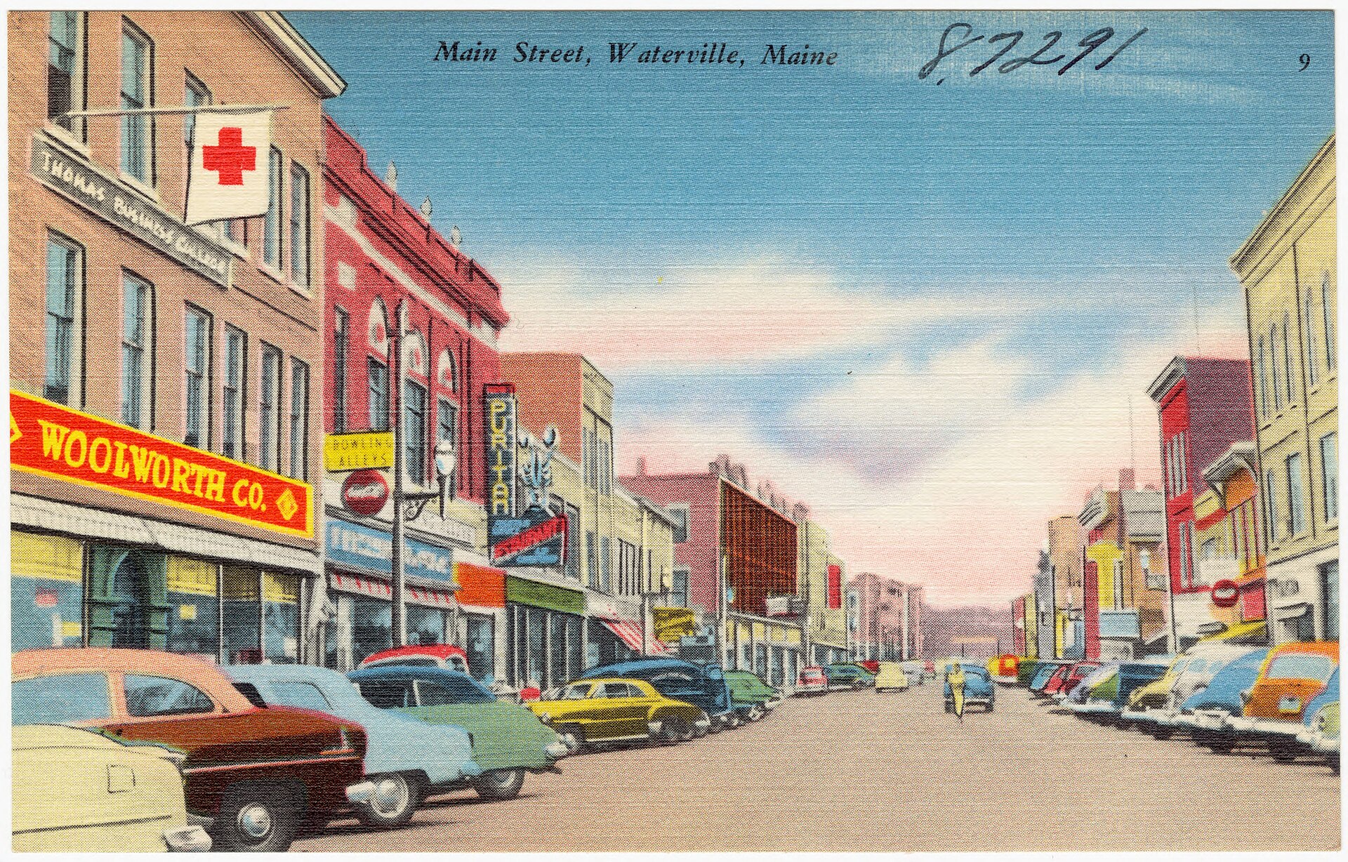 Main Street, Waterville, on a linen postcard from the 1930s or 40s, with the Woolworth sign and a row of parked cars