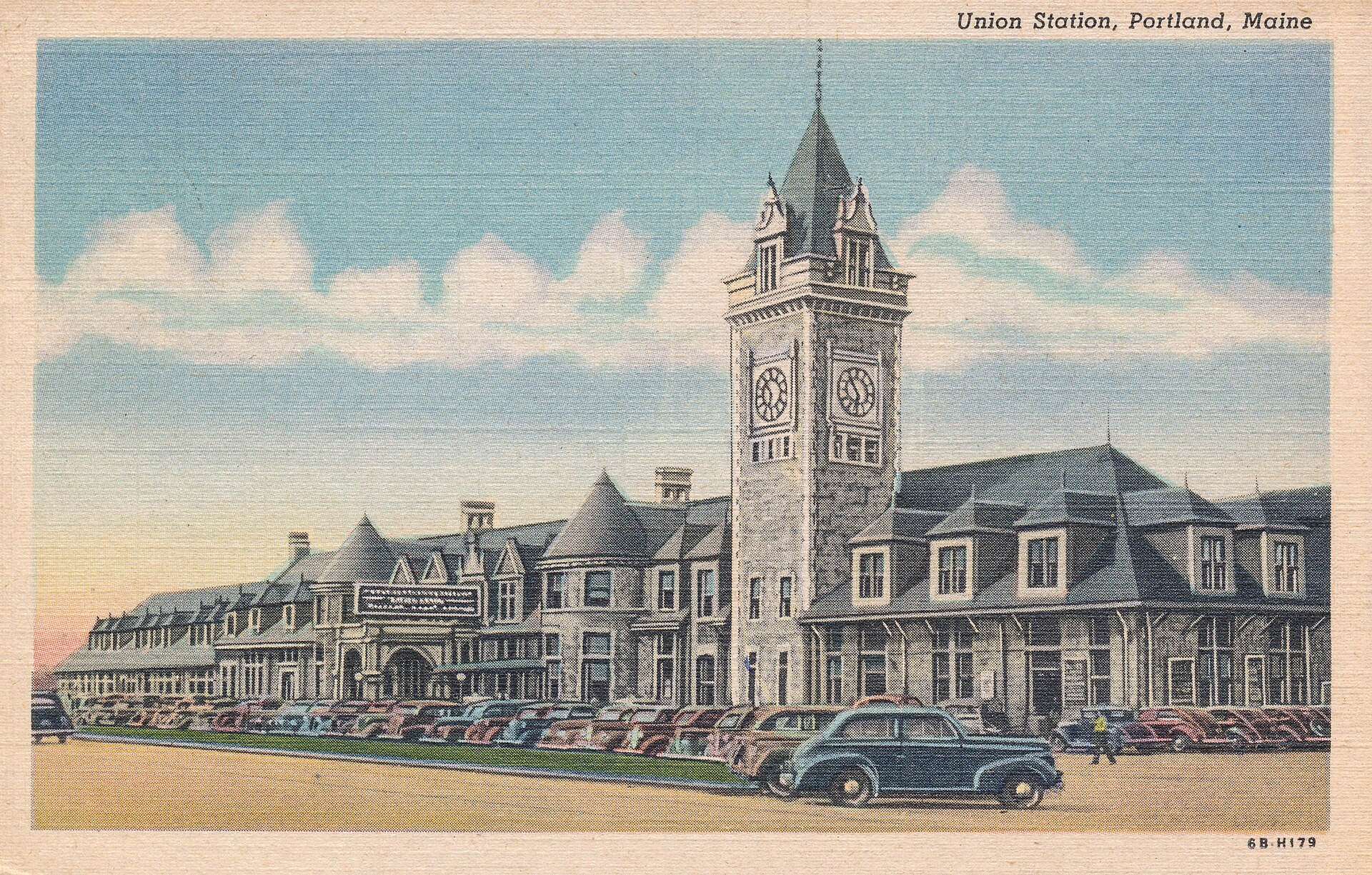 Union Station in Portland, Maine, with its clock tower, on a postcard from about 1946
